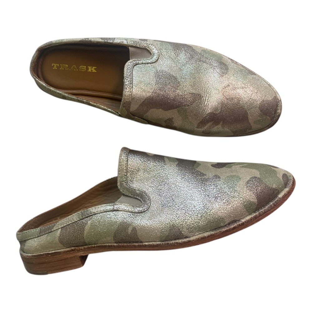 H.S. TRASK Slip-On Camoflauge Bison Leather Suede Metallic Mules Womens 8.5 Camo